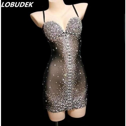 Sexy V-neck See-through Rhinestones Short Dress Perspective Pearl Mini Dress Nightclub DJ Singer Host Stage Outfit Party Costume