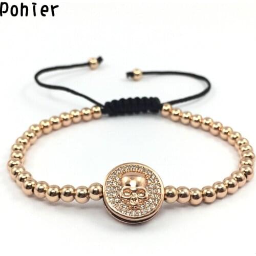 POHIER Rose Gold Color Round Pave Skull Braided Macrame 4mm Copper Beads Charms Bracelet For Women Men Jewelry adjust Bracelets