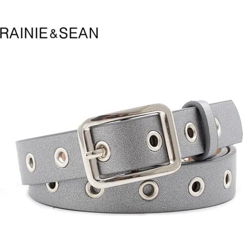 RAINIE SEAN Women Belt with Holes Silver Pink Black Blue Trouser Belt Female Pin Buckle Casual Ladies Waist Belt Fashion