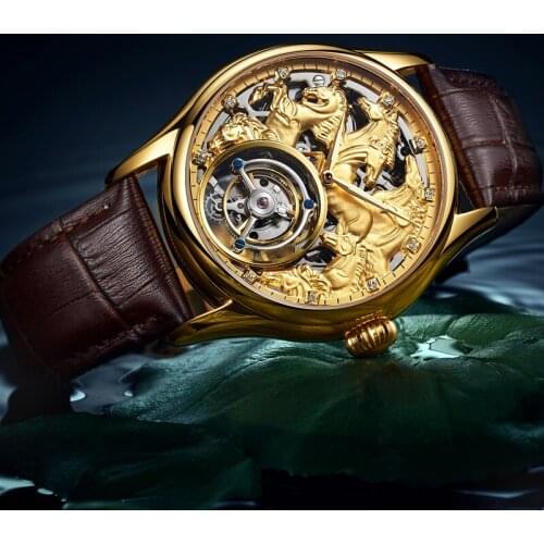 SEAKOSS Fashion Zodiac Horse Skeleton Mechanical Watch Mens High-end Tourbillon Movement Men Watches Waterproof Leather Clock