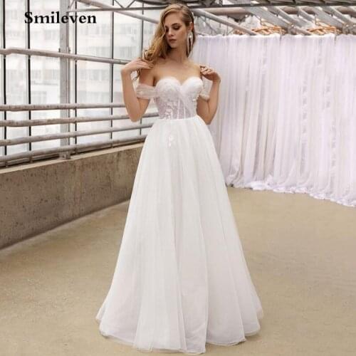 Smileven A Line Tulle Mermaid Wedding Dress Off The Shoulder Appliqued Lace Bridal Gowns Floor Length vestido de noiva 2021