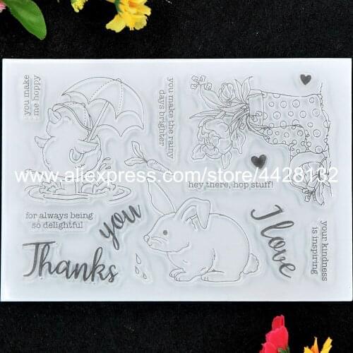 Thank you Rabbit Flowers You make me happy I Love Scrapbook photo cards rubber stamp clear stamp transparent stamp 9052434