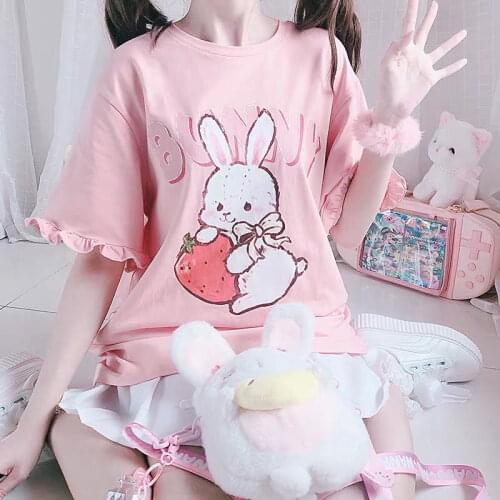 Summer Japanese Cute Lolita Girl Short Sleeve Top Strawberry Bunny Print Ruffled Lolita Kawaii Sweet Girl Soft Sister T-shirt