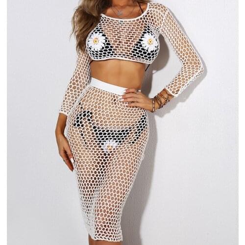Para Praia Crochet Bikini Cover up Transparent Mesh Swimsuit Long Sleeve Pants Bikini Set High Waist Swimwear Sexy Bathing Suit