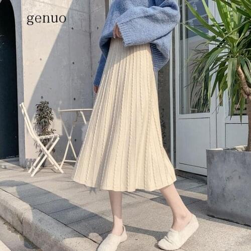 Womens Knit Skirt Female 2019 Autumn Winter Korean New Long Skirt High Waist A-line Skirt Ins Super Fire Pleated Skirts