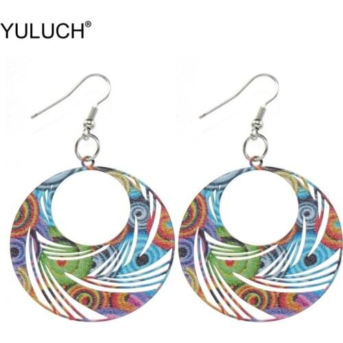YULUCH African Colorful Alloy Hollow Feather Natural Style Drop Earings Ethnic Hanging Bohemian Pendant Earrings For Women Lady