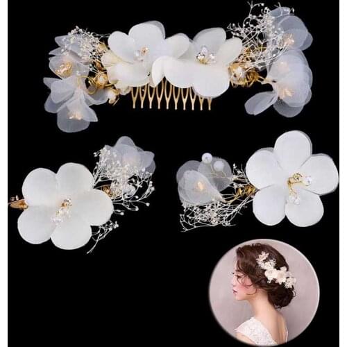 White Lace Flower Rhinestone Bride Hair Comb Jewellery Headpiece Tiaras de Noiva Bride Hair Jewelry Women Wedding Accessories SL