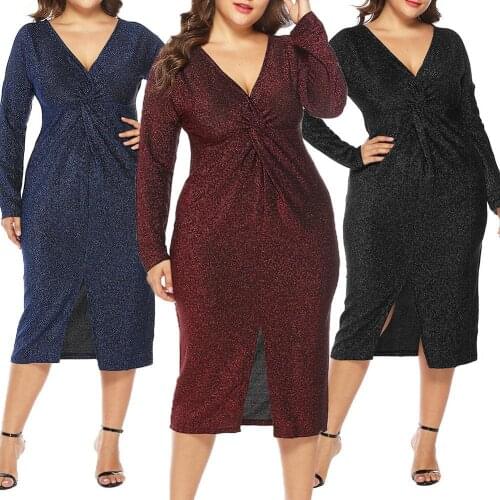 Hot apparel Dress Elegant Women Solid Color Long Sleeve V Neck Chest Knot Front Slit Midi Dress Plus Size Summer Dresses