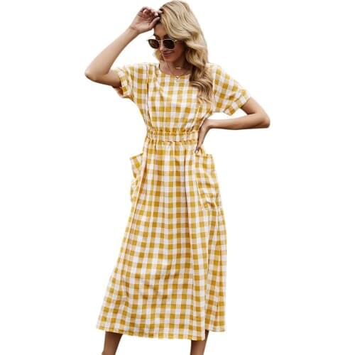 Summer Womens O-Neck Casual Backless Plaid Corset A-Line Long Dress Girl Check Dress With Large Pocket Fashion Lady Dress
