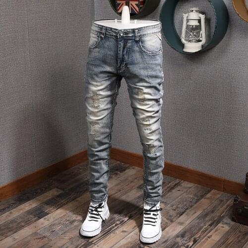 European Vintage Fashion Men Jeans Retro Blue Elastic Slim Fit Ripped Jeans Men Distressed Wash Patchwork Designer Denim Pants