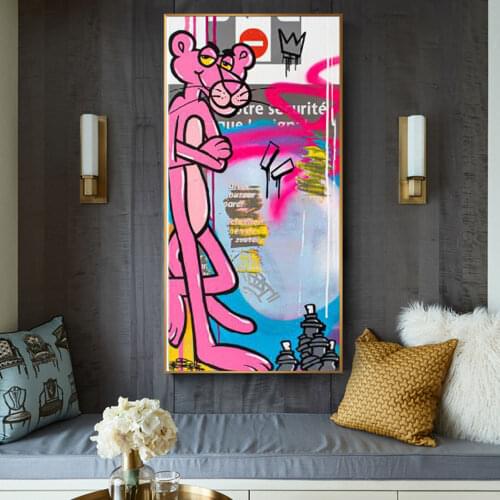 Graffiti Art Animation Painting on Canvas Painting Cartoon Wall Art Poster Print Pink Leopard Picture for Room Home Wall Decor