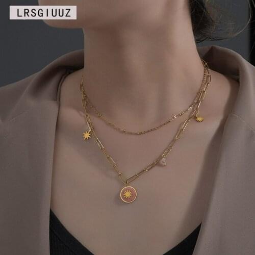 Creative Embossed Chain Sunflower Shape Ruby Pendant Necklace Double Layer Chain Retro Trend Rice Bead Womens Clavicle Chain