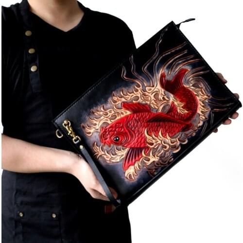 Special custom High-capacity Handmade Men Vegetable Tanned Leather Bag Clutch Purse Pocket Clutches Man lucky Red Carp Envelope