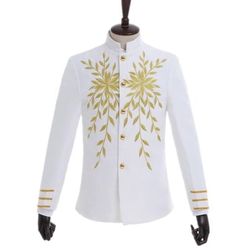 Male White Wedding Suits Fashion Mens Chorus Stage Performance Slim Fit Blazer Jackets Prom Dress Male Leaf Embroidery Suits