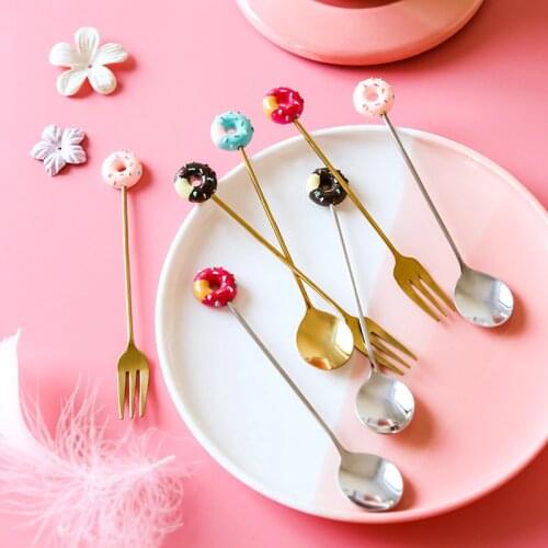 Stainless Steel Cartoon Donut Cute Tableware Mini Creative Fruit Dessert Spoon Fork Dinnerware Set Gold Kitchen Accessories