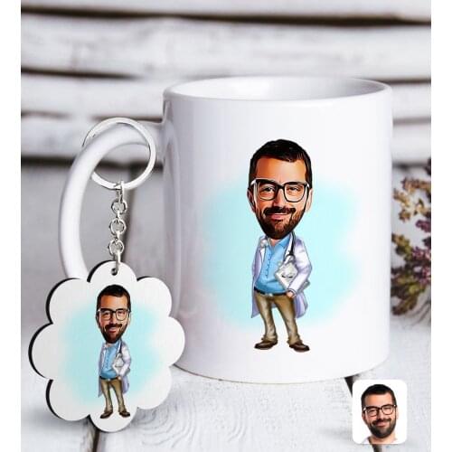 Personalized Men 'S Doctor Caricature Of White mug And Keychain Gift Seti-8