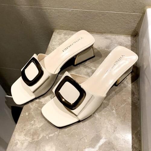 Simple and Elegant Fashion Ladies Slippers Summer Hot Sale Mid-heel Square Buckle Pure Color Elegant High Heels