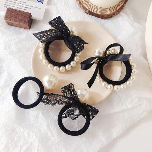 Korean Women Girls Lace Imitation Pearls Hair Ties Hair Ropes Rubber Band Elegant Bow knot Ribbon Ponytail Holder