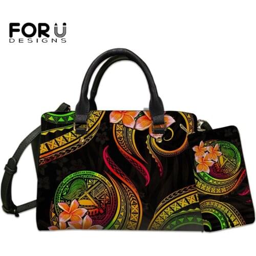FORUDESIGNS Luxury Women Polynesian Tribe Bags Samoa And Plumeria Design Pu Leather Shoulder Bags And Purse 2Set Large Handbags