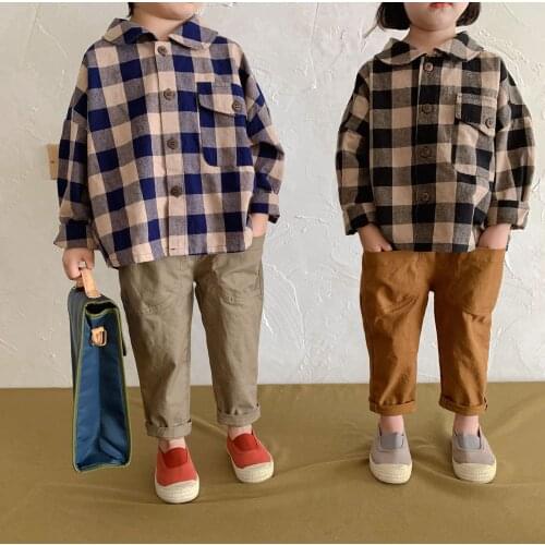 8252 Children Clothes Plaid Shirt Autumn New 2021 Pure Cotton Korean Boys Shirt Long Sleeve Baby Girls Blouse Kids Tops
