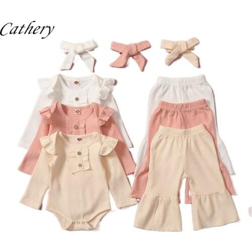 Toddler Kids Baby Girls Long Sleeve Waffle Knit T-Shirt Tops Flared Pants Bell Bottom Headband 3PCS Solid Outfits Clothes Set