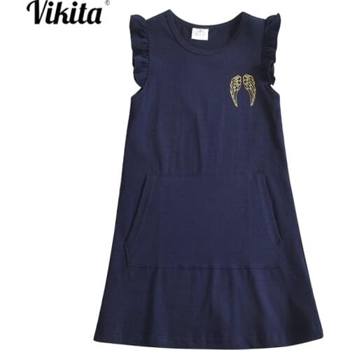 VIKITA Girls Cotton Dress with Pocket Girl Elegant Dress Kids Wings Sequins Vestidos Girls Flare Sleeve O Neck Summer Dresses