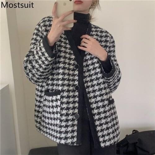 Houndstooth Vintage Thick Women Coat Full Sleeve V-neck Single-breasted Jacket Elegant Korean Female Coat Femme 2021
