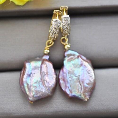Z10534 Florid 22mm Peacock Lavender Baroque Coin Keshi Pearl Dangle Earring CZ