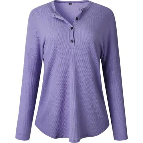 Womens Knit Solid T-Shirt Tunic Tops Casual Loose Long Sleeve Button Up V Neck Blusas Korean Clothes Women Camisas Mujer