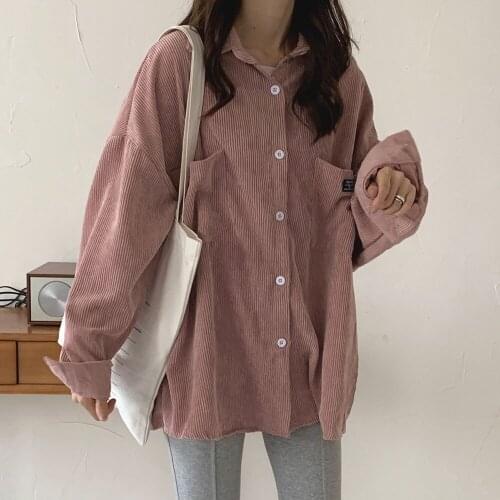 Retro Womens Corduroy Shirt Korean BF Style Loose Casual Coats Outerwear 2021 New Spring Autumn Long Sleeve Blouses Lady Tops
