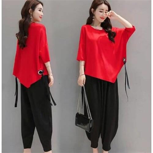 Womens Summer New Two Pieces Set Women Loose Casual Tops + Vintage Lantern Pants Suit Set Stretch Sweatshirt Suit Plus Size