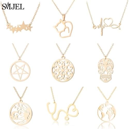 SMJEL Stainless Steel Pentagram Star Nekclaces for Women Colares Geometric Flower Round Charm Statement Neckaces Choker 2019