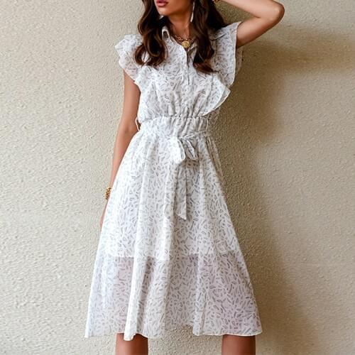 GypsyLady Summer Floral Midi Dress Casual Chic Vintage Women Dress V-neck Flare Sleeve Button Front Ruffles Ladies Dresses New