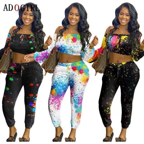 Adogirl Tie Tye 2 Piece Sets Women Off Shoulder Crop Top +Pants Tracksuit Jogging Femme Casual Female Sportswear Matching Sets