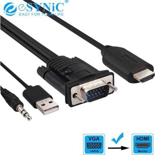 ESYNiC VGA to HDMI Adapter Converter Cable with Male 3.5mm Audio Active VGA Male to HDMI Male Active Video Converter Cord 1080P