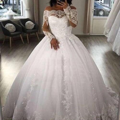 ANGELSBRIDEP Boat-Neck Ball Gown Wedding Dresses Robe de mariee Charming Long Sleeves Applique Tulle Formal Bride Gowns HOT