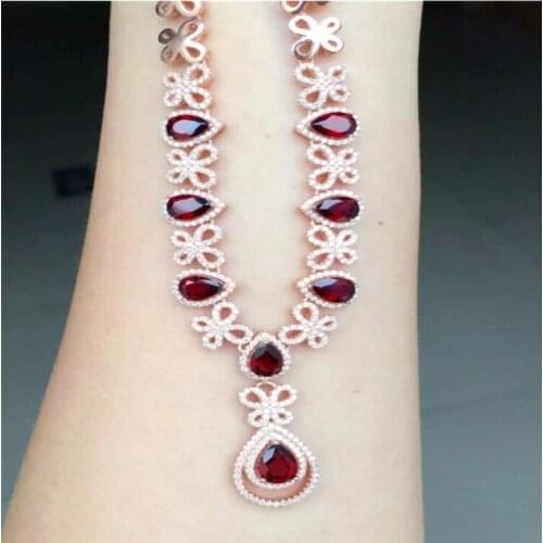 Free shipping Natural garnet necklace pendant Real origin red garnet 925 sterling silver Fine jewelry 5*7 6*8mm 8pcs