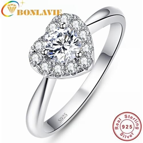 BONLAVIE Heart-shaped Ziron-encrusted 925 Silver Ring Size 5-9 Women Wedding and Engagement Romantic Ring
