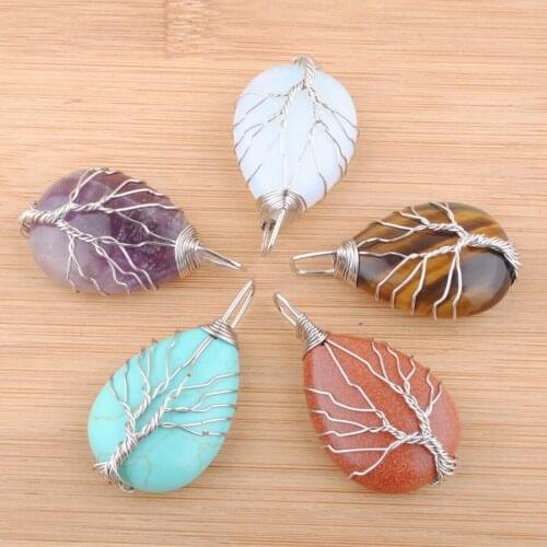 Wholesale 5Pcs Water Drop Tree of Life Pendants Silvers Color Wire Wrap Weave Natural Stone Beads Charms Reiki Jewelry QBN442