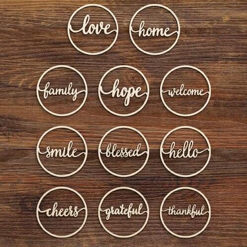 10pcs Wooden Cheers Hello Welcome Hope Love Grateful Thankful Home Family Word Sign Round Wood Circle Script Word Decoration
