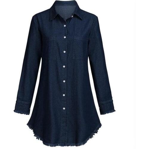 Denim shirt jacket mid-length ripped denim shirt jacket women fashion tassel denim shirt women Lantern Sleeve Slim Skinny Blouse