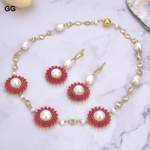 GuaiGuai Jewelry 19'' White Pearl Gold Plated Chain CZ Pave Flower Necklace Earrings Set