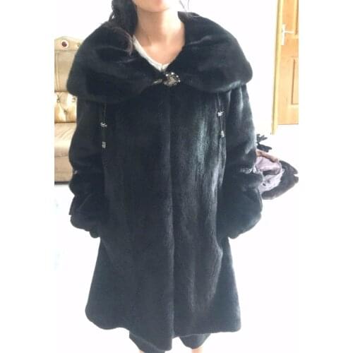 Import Natural real mink fur coat with big hood black