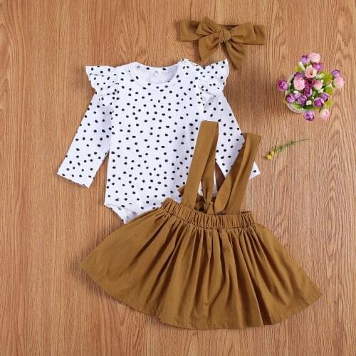 Spring Fall 0-24M Infant Baby Girls 3Pcs Set Polka Dot Ruffled Long Sleeve Bodysuit Suspender Skirts Headband Outfits Set