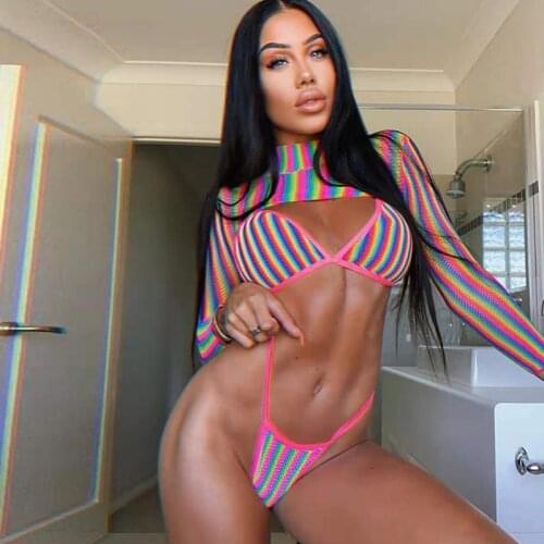 2021 Sexy Three Pieces Bikini Set New Long Sleeve Swimwear Women Push Up Swimsuit Striped Bikini Female Bathing Suits Beach Wear
