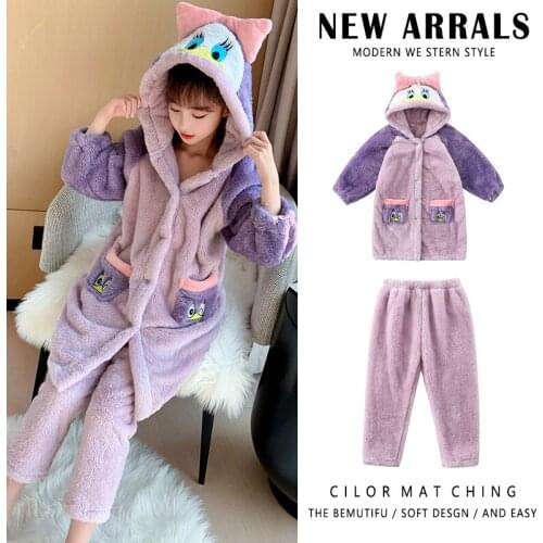Cartoon Duck Hat Flannel Sleepwear Pajamas for Children Home wear Suits Autumn and Winter Thickened Hooded Nightgown Split Set