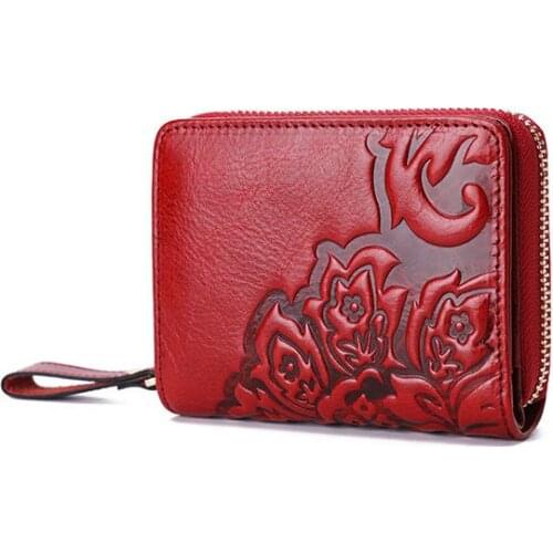 2021 New Genuine Leather Credit Card Bag Cow Print Wallet High Quality Double Zipper Wax Short Wallet Embossed Large Capacity