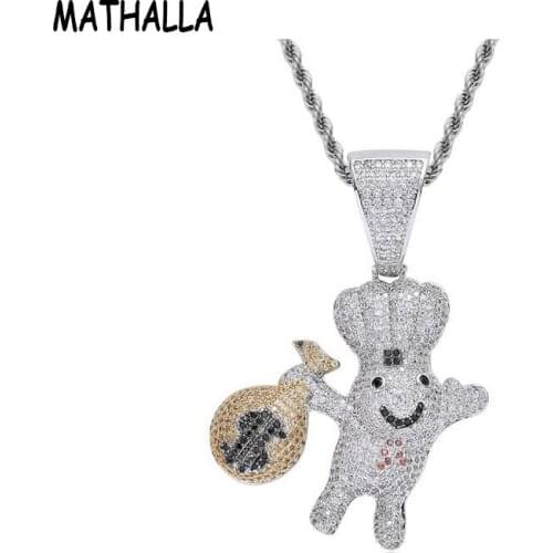 MATHALLA Hip Hop AAA CZ Zircon Paved Bling Iced Out Silver US Dollar Money Bag Purse Doll Pendants Necklace for Jewelry Gift