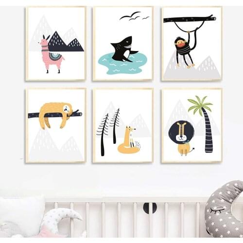 Alpaca Lion Koala Monkey Shark Bird Baby Wall Art Canvas Painting Nordic Posters And Prints Wall Pictures For Living Room Decor