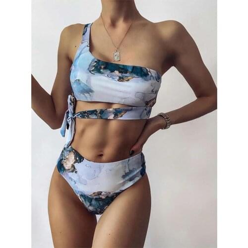 2021 Summer New Style Printed Sports Tube Top Casual Bikini Sexy Marble Pattern High Waist Female Swimsuit Beachwear